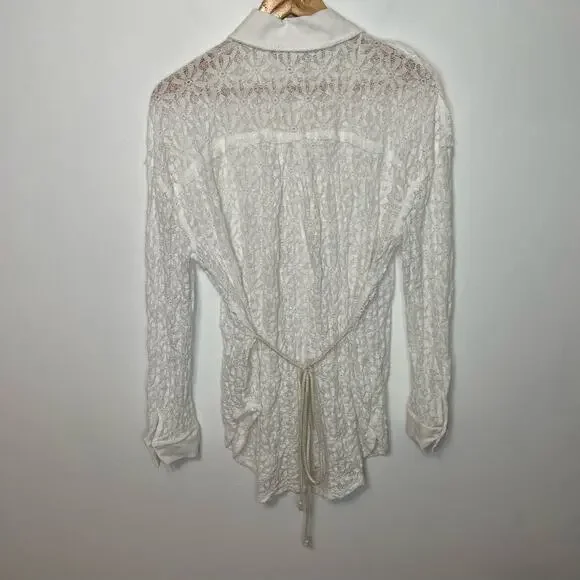 Free People White Tunic Top M Womens Button Front Collared Long Sleeve Lace Tie - Picture 6 of 10